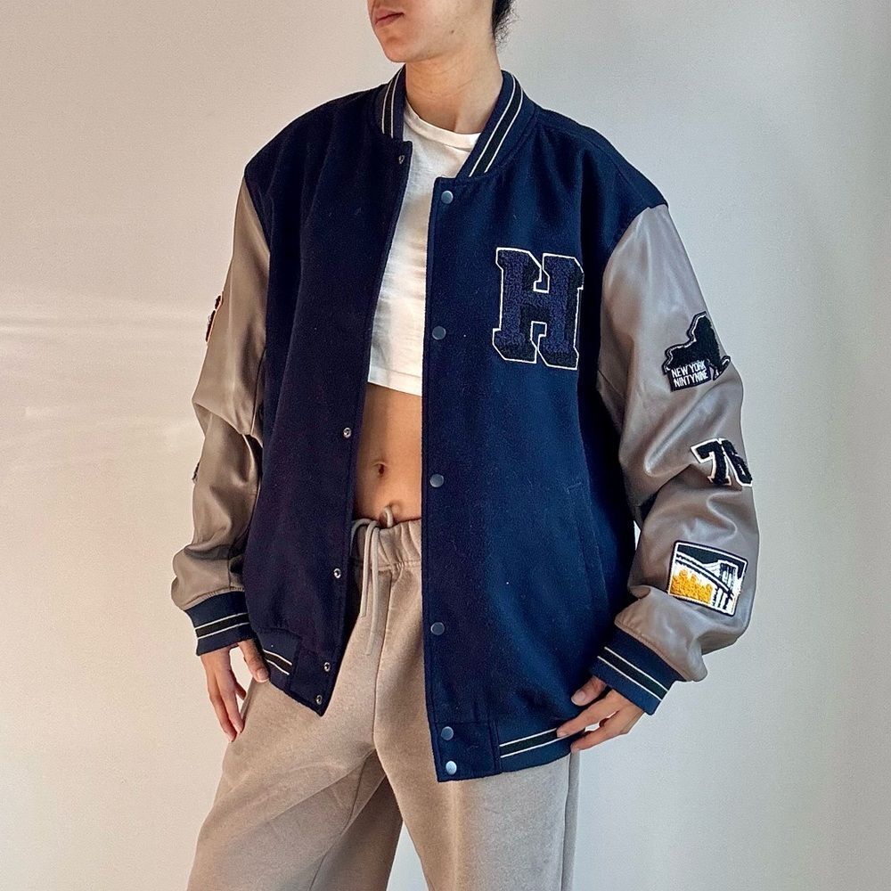 ASOS Design Mens Letterman Varsity Bomber Patchwork Jacket Navy Tan XL‎